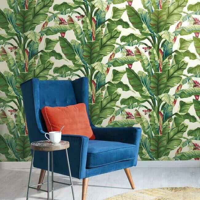 Banana Leaf Aqua & Red Wallpaper - York Wallcoverings - AT7068 - York Wallcoverings Wallpaper