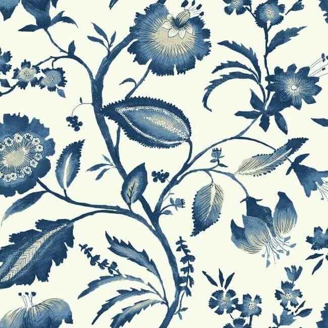 Watercolor Jacobean Blue & White Wallpaper - York Wallcoverings - AT7021