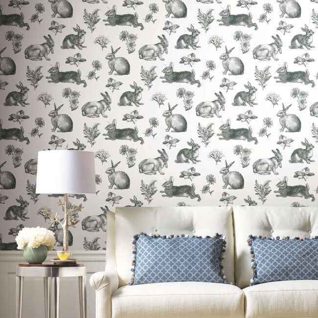 Bunny Toile Black & White Wallpaper - York Wallcoverings - AT4263 - York Wallcoverings Wallpaper