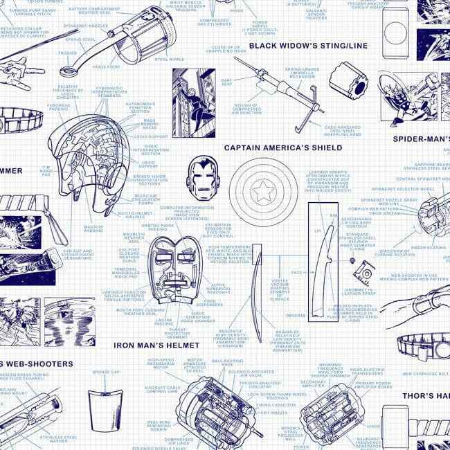 Marvels Heroes Schematics Blue Wallpaper - York Wallcoverings - DI0935