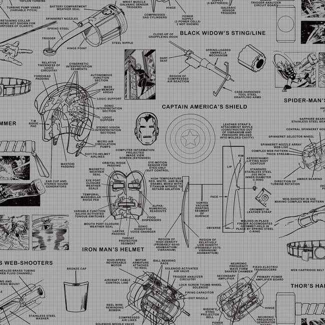 Marvels Heroes Schematics Grey & Black Wallpaper - York Wallcoverings - DI0936