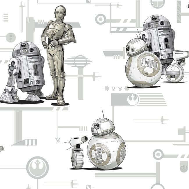 star-wars-the-rise-of-skywalker-droids-black-white-wallpaper-york-wallcoverings-di0947 - York Wallpaper Wallpaper