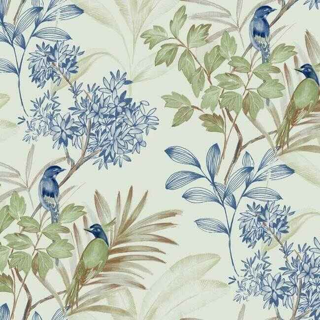 Handpainted Songbird Green & Blue Wallpaper - York Wallcoverings - TL1928 - York Wallcoverings Wallpaper