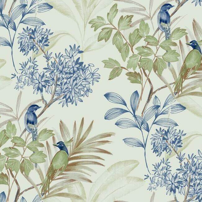 handpainted-songbird-green-blue-wallpaper-york-wallcoverings-tl1928 - York Wallpaper Wallpaper