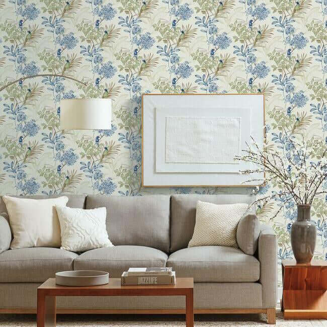 handpainted-songbird-green-blue-wallpaper-york-wallcoverings-tl1928 - York Wallpaper Wallpaper
