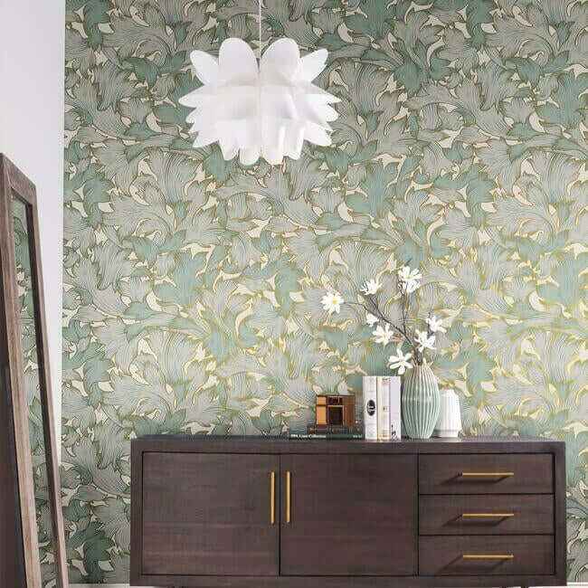 Acanthus Toss Beige & Seafoam Wallpaper - York Wallcoverings - NV5511