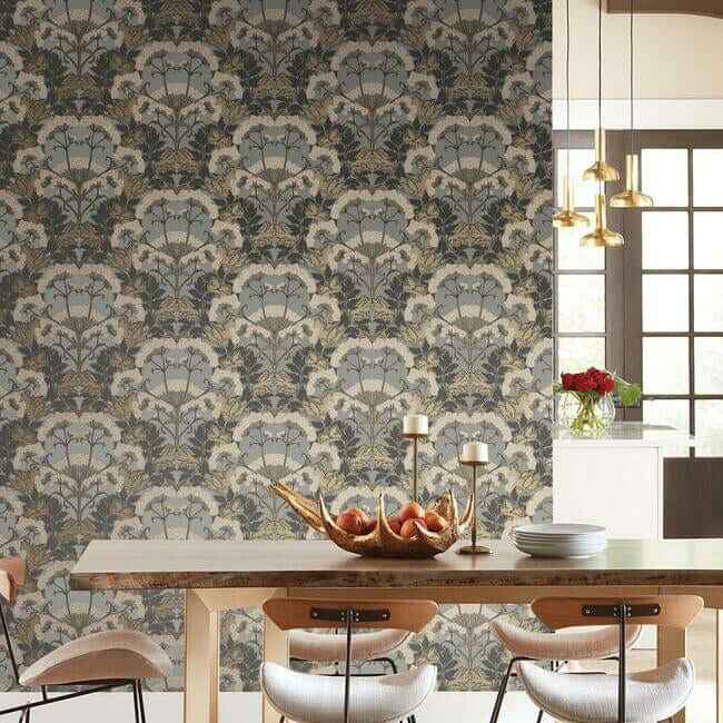 Yarrow Nouveau Charcoal & Gold Wallpaper - York Wallcoverings - NV5557