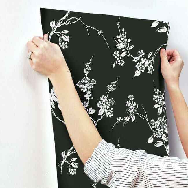 Imperial Blossoms Branch Black & White Wallpaper - York Wallcoverings - SS2589 - York Wallcoverings Wallpaper