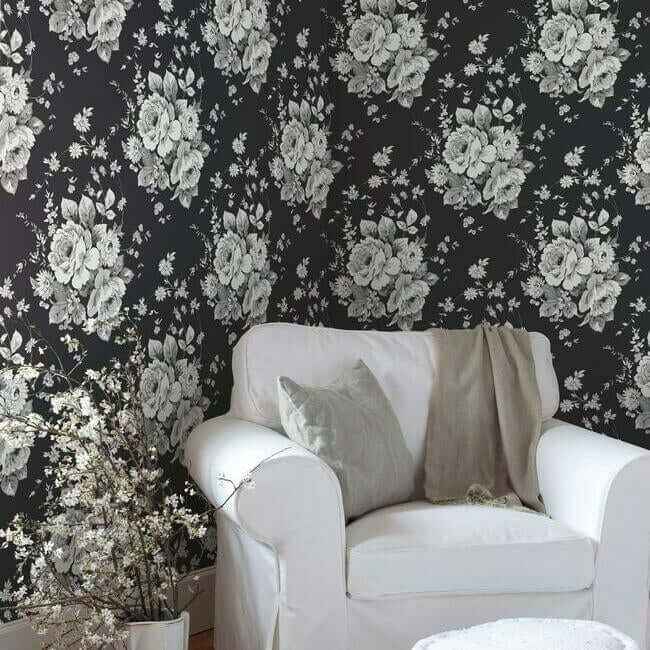 Heritage Rose Black & Grey Wallpaper - York Wallcoverings - FH4088 - York Wallcoverings Wallpaper