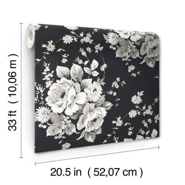 Heritage Rose Black & Grey Wallpaper - York Wallcoverings - FH4088 - York Wallcoverings Wallpaper