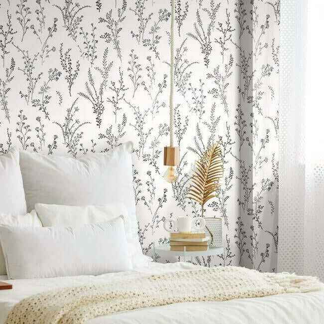 Wildflower Sprigs Black & White Wallpaper - York Wallcoverings - FH4026 - York Wallcoverings Wallpaper