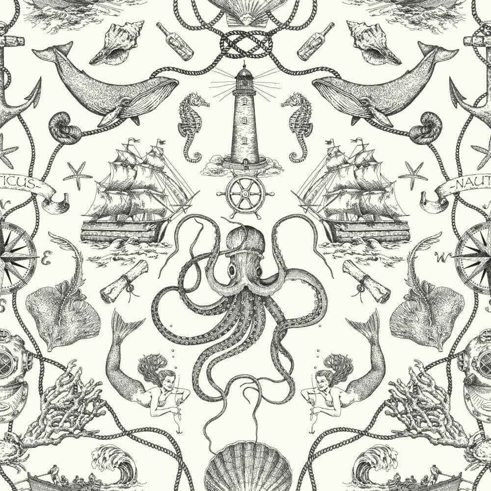 Deep Sea Toile Black Wallpaper - York Wallcoverings - HO3360