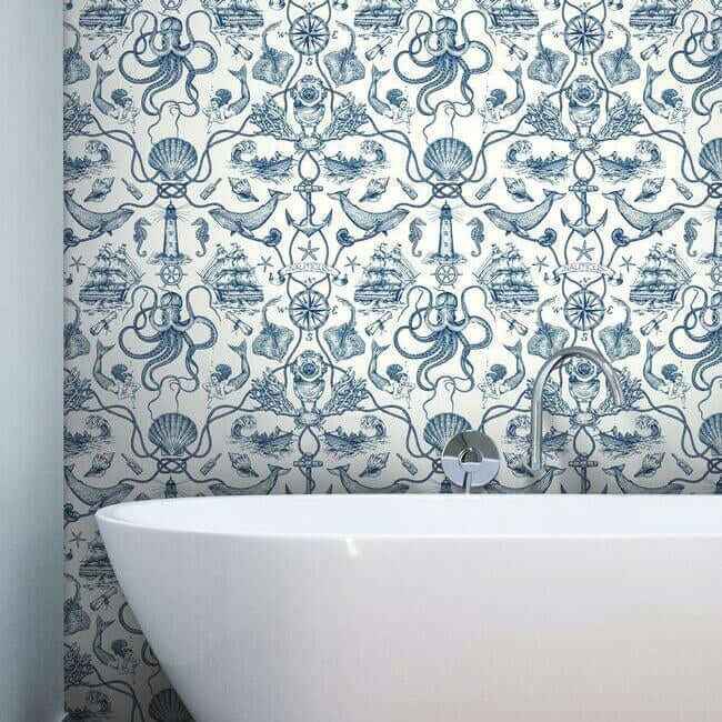 Deep Sea Toile Blue Wallpaper - York Wallcoverings - HO3361 - York Wallcoverings Wallpaper