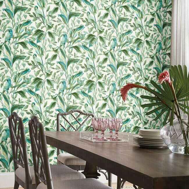 Tropical Love Birds White & Aqua Wallpaper - York Wallcoverings - TC2654 - York Wallcoverings Wallpaper