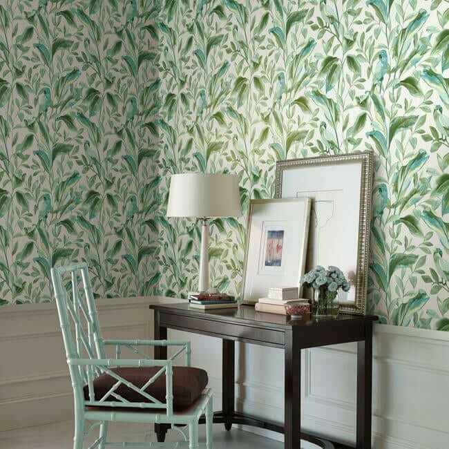 Tropical Love Birds White & Aqua Wallpaper - York Wallcoverings - TC2654 - York Wallcoverings Wallpaper
