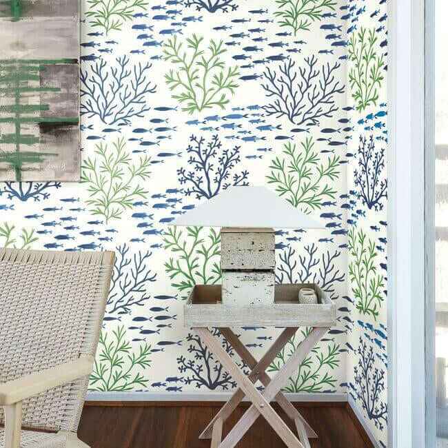 Marine Garden Green & Blue Wallpaper - York Wallcoverings - CV4404 - York Wallcoverings Wallpaper