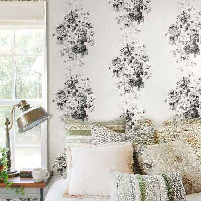 Magnolia Home Tea Rose White & Black Peel & Stick Wallpaper - York Wallcoverings - PSW1157RL