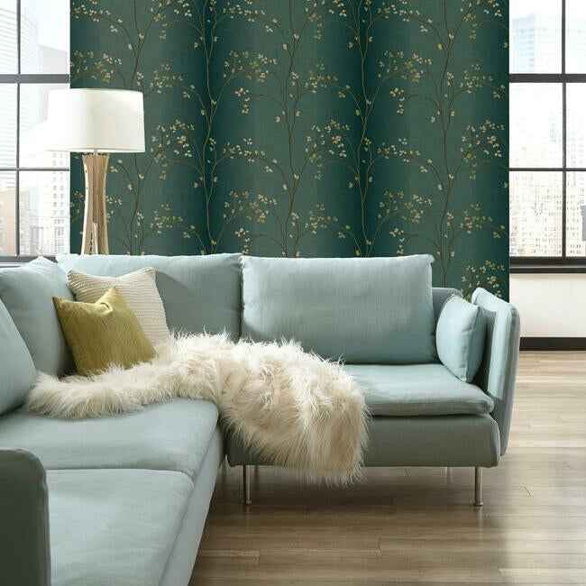 Vertical Blossoms Teal Metallic Wallpaper - York Wallcoverings - BR6224 - York Wallcoverings Wallpaper