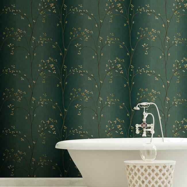 Vertical Blossoms Teal Metallic Wallpaper - York Wallcoverings - BR6224 - York Wallcoverings Wallpaper