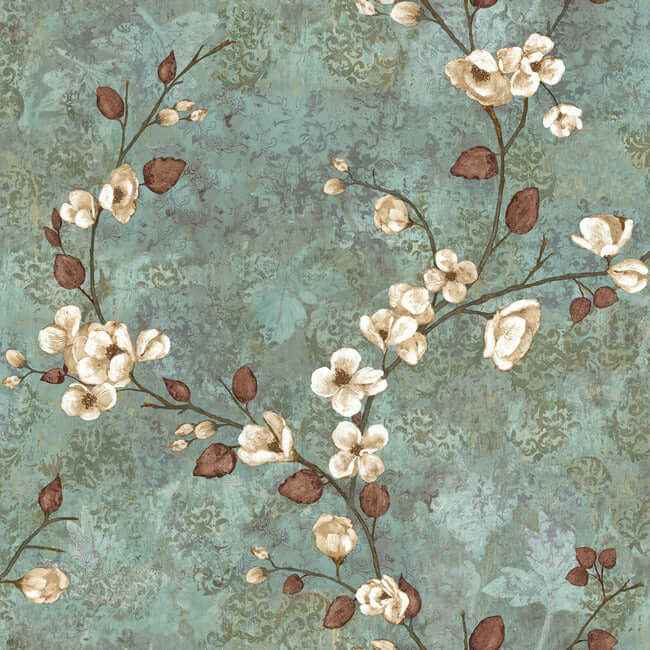 Dogwood Teal & Dark Brown Wallpaper - York Wallcoverings - TB4314 - York Wallcoverings Wallpaper