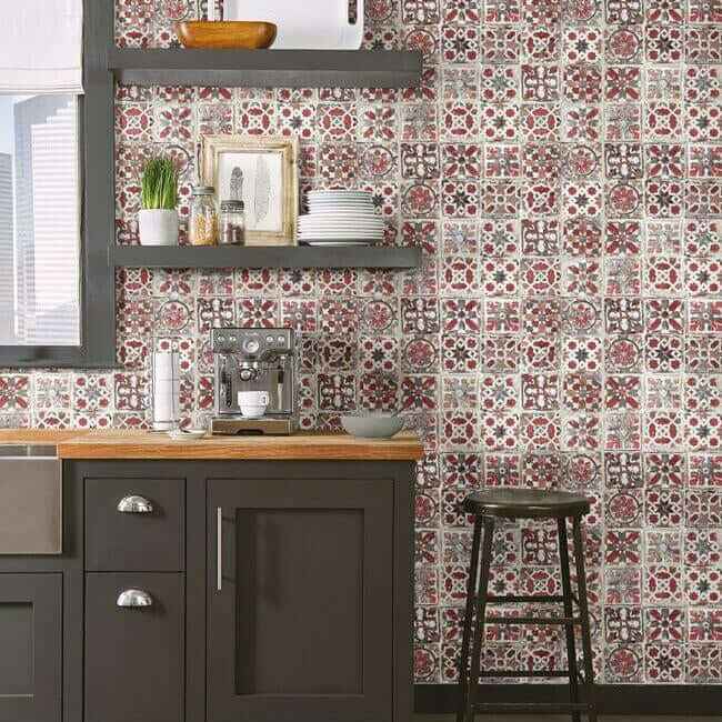 Encaustic Tile Red Peel & Stick Wallpaper - York Wallcoverings - PSW1300RL