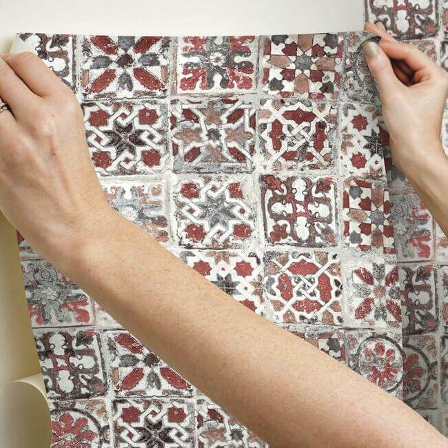 encaustic-tile-red-peel-stick-wallpaper-york-wallcoverings-psw1300rl - York Wallcoverings Wallpaper