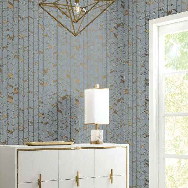 Perfect Petals Blue & Gold Wallpaper - York Wallcoverings - OS4202 - York Wallcoverings Wallpaper