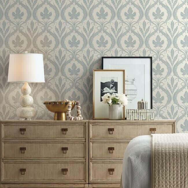 adirondack-damask-wallpaper-smokey-bluebeige-york-wallcoverings-dm4922 - York Wallcoverings Wallpaper