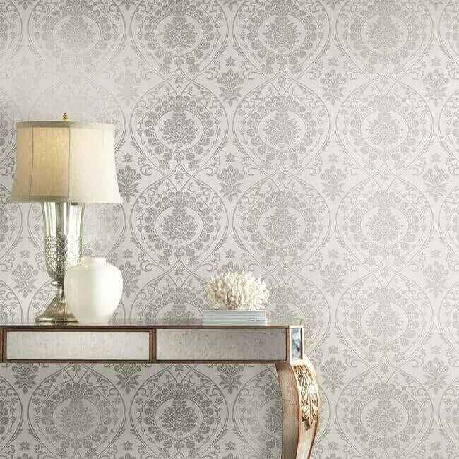 Imperial Damask Grey & Silver Wallpaper - York Wallcoverings - DM4904