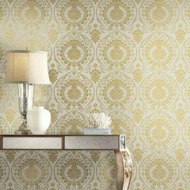 Imperial Damask Off White & Gold Wallpaper - York Wallcoverings - DM4903 - York Wallcoverings Wallpaper