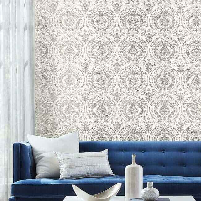 Imperial Damask White & Silver Wallpaper - York Wallcoverings - DM4905