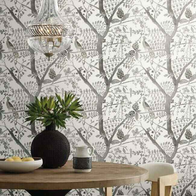 Peacock Block Print Grey Wallpaper - York Wallcoverings - BO6633