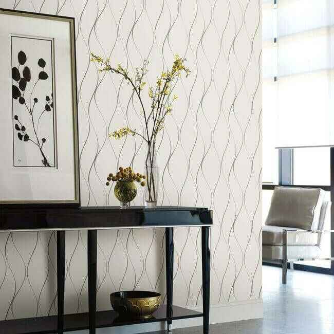 Wavy Stripe Off White & Silver Metallic Wallpaper - York Wallcoverings - Y6201401