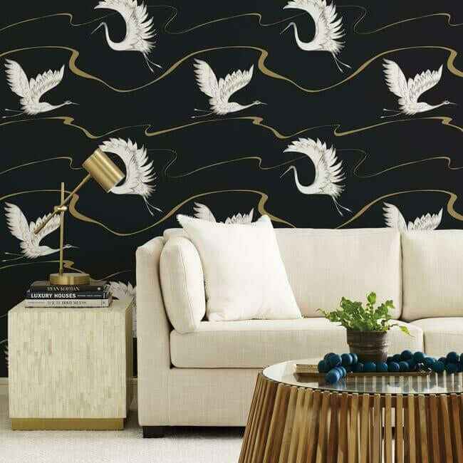 Soaring Cranes Black & Gold Wallpaper - York Wallcoverings - BW3871