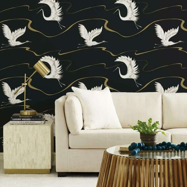 soaring-cranes-black-gold-wallpaper-york-wallcoverings-bw3871 - York Wallpaper Wallpaper