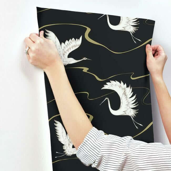 soaring-cranes-black-gold-wallpaper-york-wallcoverings-bw3871 - York Wallpaper Wallpaper