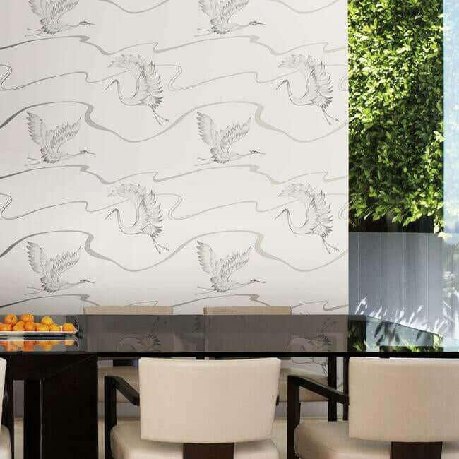 soaring-cranes-white-silver-wallpaper-york-wallcoverings-bw3873 - York Wallpaper Wallpaper