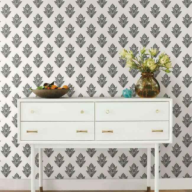 Lotus Motif Black & White Wallpaper - York Wallcoverings - BW3977