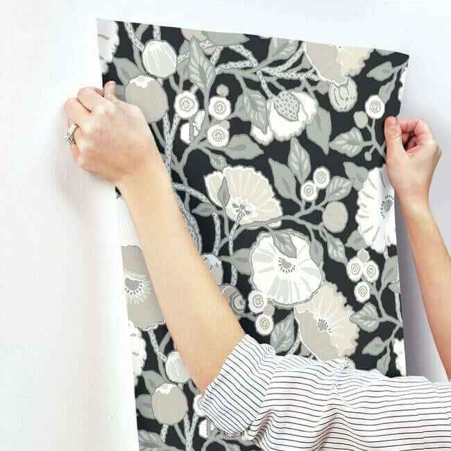 Vincent Poppies Black & Cream Wallpaper - York Wallcoverings - BW3981 - York Wallcoverings Wallpaper