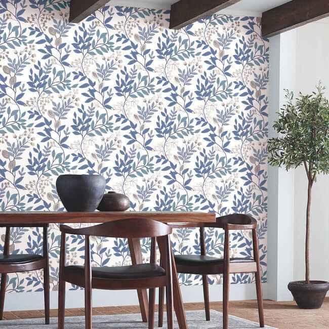 Eden Retreat White & Blue Wallpaper - York Wallcoverings - MN1842 - York Wallcoverings Wallpaper