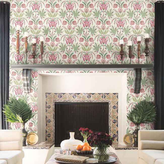 Seaside Jacobean Green & Red Wallpaper - York Wallcoverings - MN1914 - York Wallcoverings Wallpaper