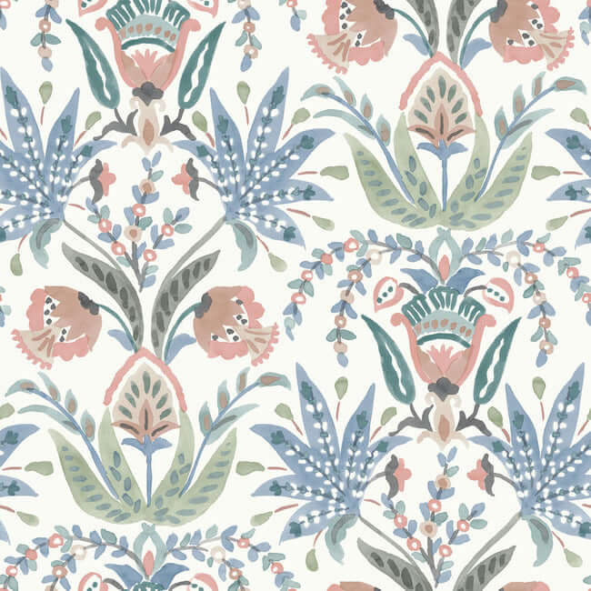 seaside-jacobean-pink-blue-wallpaper-york-wallcoverings-mn1912 - York Wallcoverings Wallpaper