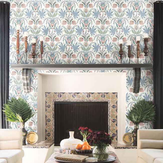 Seaside Jacobean Pink & Blue Wallpaper - York Wallcoverings - MN1912