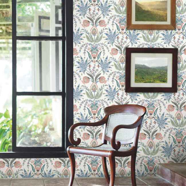 Seaside Jacobean Pink & Blue Wallpaper - York Wallcoverings - MN1912 - York Wallcoverings Wallpaper