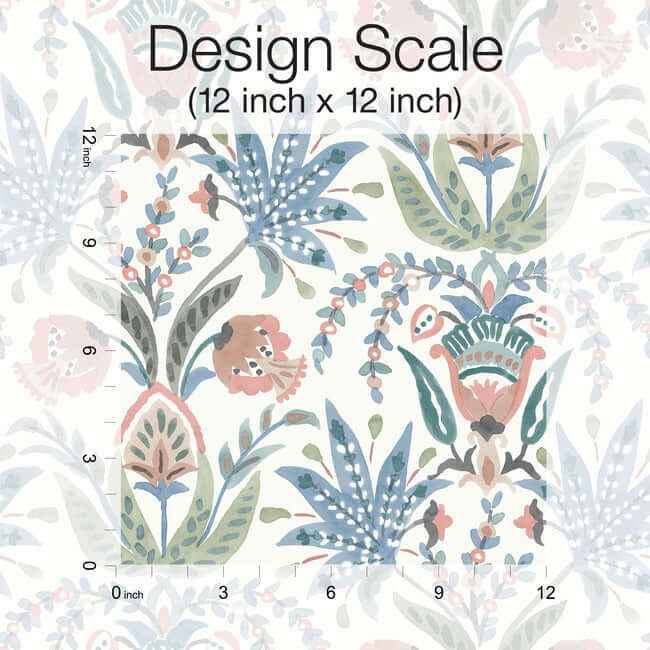 Seaside Jacobean Pink & Blue Wallpaper - York Wallcoverings - MN1912 - York Wallcoverings Wallpaper
