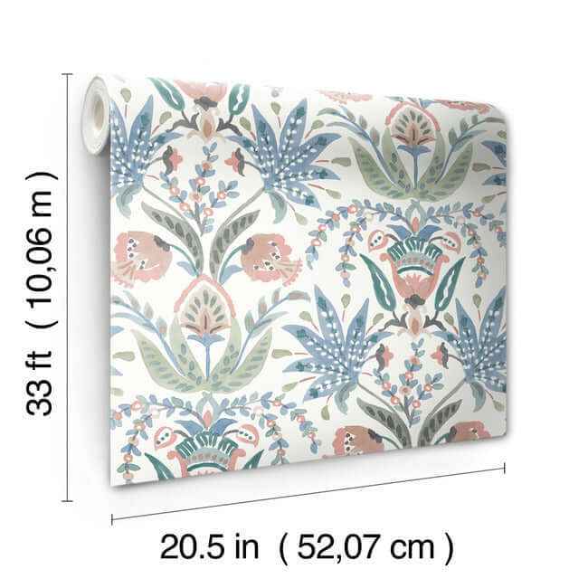Seaside Jacobean Pink & Blue Wallpaper - York Wallcoverings - MN1912 - York Wallcoverings Wallpaper