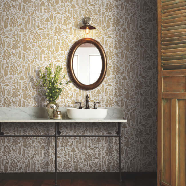 menagerie-toile-wallpaper-white-metallic-gold-york-wallcoverings-rp7371 - York Wallcoverings Wallpaper