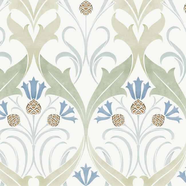 Pine Cone Ribbon Green & Blue Metallic Wallpaper - York Wallcoverings - AC9173