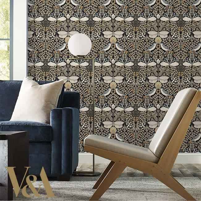 Butterfly Garden Black Metallic Wallpaper - York Wallcoverings - AC9162