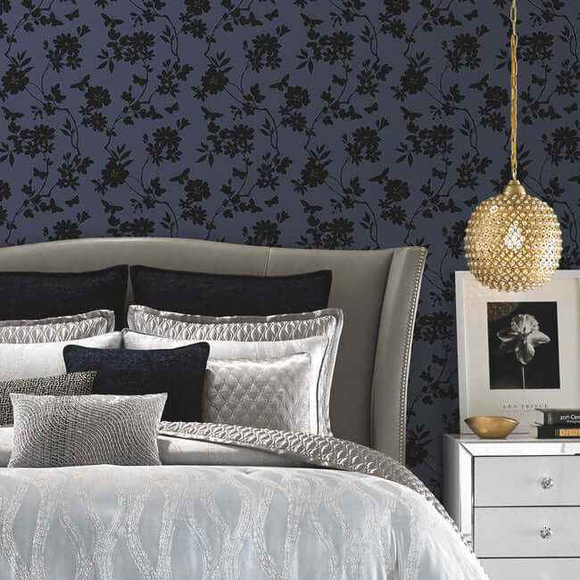 Flutter Vine Blue & Black Wallpaper - York Wallcoverings - DT5021